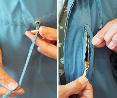 コードエンドやファスナーは、高級感のある落ち着いたゴールドで統一。