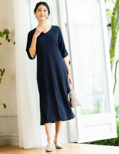 刺しゅう入7分袖ワンピース